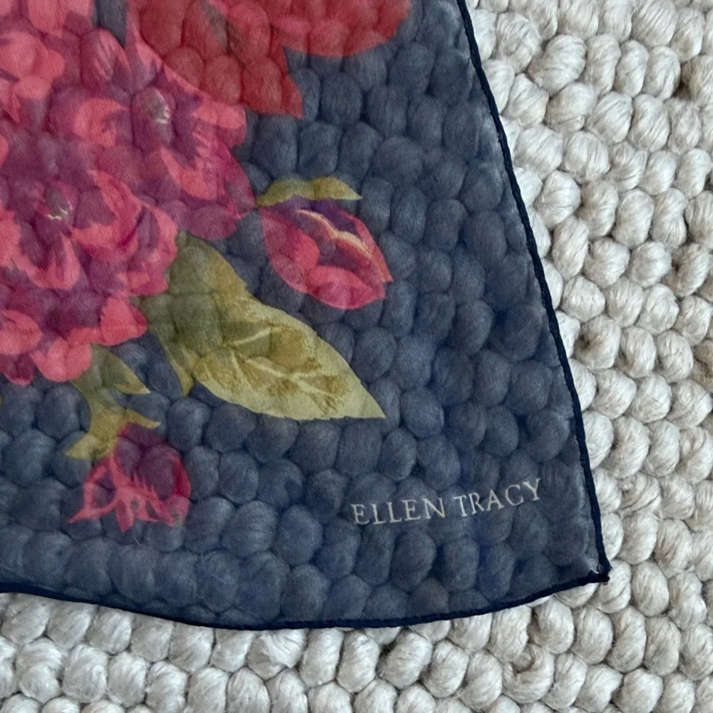 Vintage Ellen Tracy Silk Floral Navy Scarf